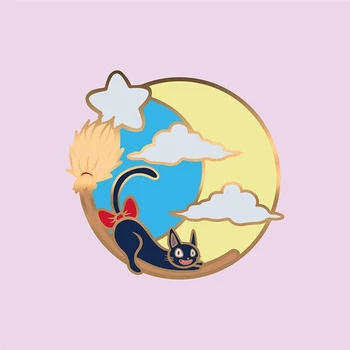 Aranyos Fekete Macska Jiji Kemény Zománc Pin Aranyos Hold Repülő Seprű Cica Medál Bross Anime Film Rajongók Jelvény Halloween Ékszer Ajándék