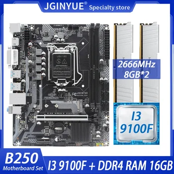JGINYUE B250 Alaplap Készlet Készlet LGA 1151 Intel Pentium I3 9100F Processzor, illetve 16 gb-os(2*8) DDR4 Memória VGA DMI HDMI B250M-VDH