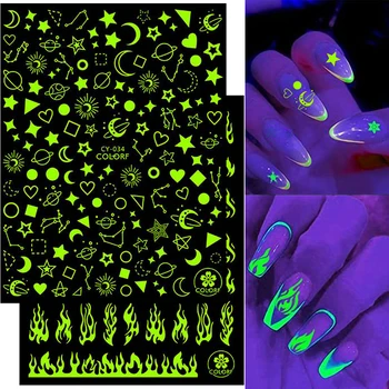 3D Fluoreszkáló Láng Köröm Matrica Pé Tűz Kép Világító Csillagok Szíve Pillangó Neon Zöld Manikűr, Dekorációs Matrica