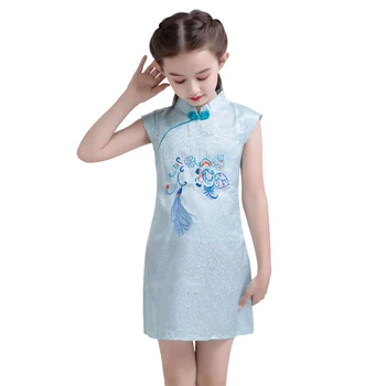 qipao kor 4 - 14 éves tini lányok hímzett virágok kínai stílusú cheongsam 2021 új nyári gyermek ruhák gyerekek ruháknak