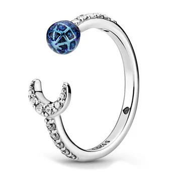 Hiteles 925 Sterling Ezüst Népszerű Gyűrű-Kék, Föld, Hold Nyitott Gyűrű Kristály Női Ékszerek Születésnapi Ajándék