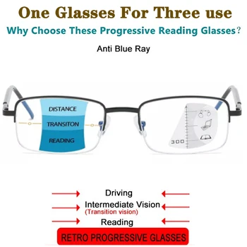2021 Divat Progresszív Olvasó Szemüveg Unisex Anti Blue Ray Multifokális Presbyopic Szemüveg Fém Keret Dioptria +1.0 +4.0