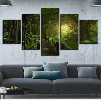 A Wall Art Kép Dekoráció Nyomtatás 5 Db Zöld Erdőben, Erdőben Híd Napfény, A Természetes Tájkép Vászon Festmény (Nincs Keret)