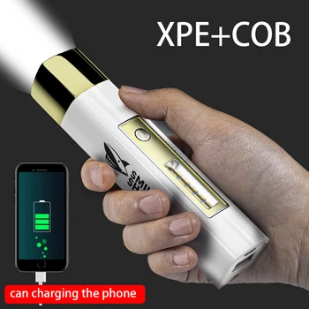 Hordozható Újratölthető LED-es Zseblámpa, Fényes XPE + COB fáklyás USB Lámpa beépített 18650 akku a Kemping Túrázás