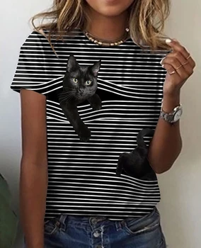 Új Nyári Felsők Női 3D Vicces törött fal macska Streetwear Alkalmi, Rövid Hosszú Ujjú O-Nyakú Felső póló Puha, kényelmes Póló