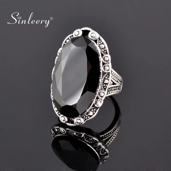 SINLEERY Vintage Nagy Fekete Ovális Kő Gyűrűk Nők Méret 6 7 8 9 10 Antik Ezüst Színű Ékszert Judit ZD1 SSF
