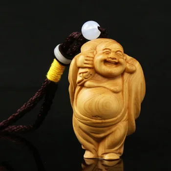 Szövetzsák Maitreya Fa Díszek Fából készült Kézműves Buddha-Szobor Medál Figurák Dekoráció Miniatűr Kézzel készített Kézműves Tea Pet GY111
