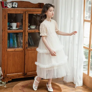 Koreai Lányok Princess Party Ruha 2021 Csipke Nyári Maxi Ruha Rövid Ujjú Menyasszonyi Ruha Bézs