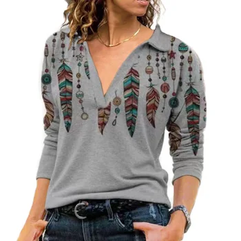 Őszi Női Póló Vintage Alkalmi Hosszú Ujjú Pullovers V-Nyak Nyomtatott Tshirt Plus Size Szomorú Maximum Ingázó Streetwear