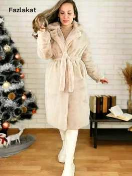 Télen A Nők Magas Minőségű Ál Nyúl Bunda Luxus Hosszú Bunda Laza Hajtóka Kabát Vastag Meleg Plus Size Női Plüss Kabát