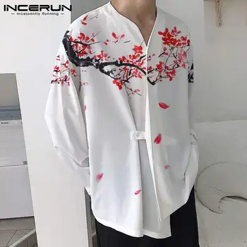 INCERUN Maximum 2021 Férfiak Divat Blosue Kínai Stílusú Camiseta Összes mérkőzés Egyszerű Alkalmi Streetwear Nyomtatás Hosszú ujjú Póló S-5XL