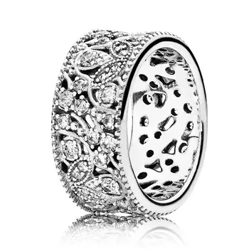 Eredeti Áttört Csillogó Levelek Vastag Zenekar Kristály Gyűrű 925 Sterling Ezüst Gyűrű Nők Ajándék Pandora DIY Ékszerek