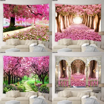 Rózsaszín Virág Tájkép Gobelin Romantika Cseresznyevirág Fák Természetes Táj Bohém Esztétika Falra Hálószoba, Lakberendezés