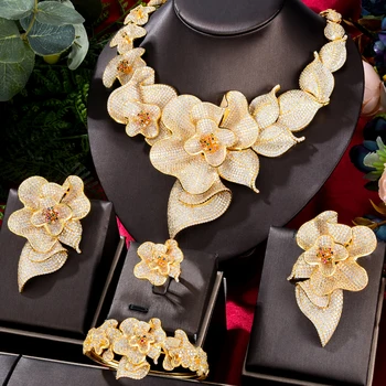 GODKI 103mm Szuper Luxus Begonia Virág Nők Esküvői Naija Menyasszony Cirkónia Nyaklánc Dubai 4DB Ékszer Szett Magas Ékszerek