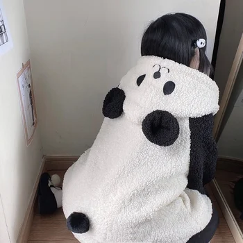 HOUZHOU Őszi Téli Kawaii kapucnis felső Nők Japán Lány Puha Gyapjú Cuki Panda Fül Túlméretezett Kapucnis Preppy Stílus Gombot Kabát
