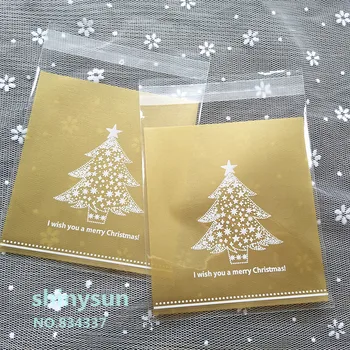 100/sok Arany karácsonyfa csomagolás táska ajándék táska öntapadó műanyag zacskó cukorkát táska 10x11cm