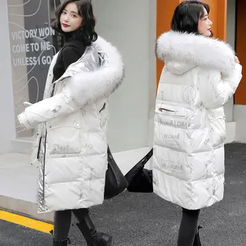 Ok-okozati Fényes Ezüst Le Kabátok Téli Női Hosszú Prémes Gallér Kapucnis Kabát Zubbonyok Vastag Téli Kabát Női Outwear