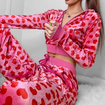 Rózsaszín Bársony Aranyos Kapucnis Felső Női Szív Nyomtatása Kawaii Kabátok Zip Fel Hosszú Ujjú Kivágott Melegítőfelső Őszi Maximum 2021