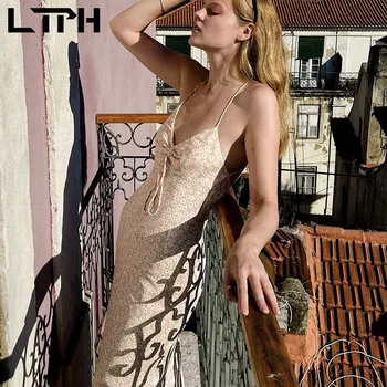 LTPH virágos ruha szexi nők V-nyakú, ujjatlan kombiné kereszt pántos cipzár elegáns vintage maxi ruha 2021 nyáron új