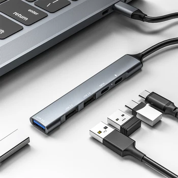 5 az 1-ben USB Hub Dokkolóegység C Típusú USB 2.0, USB 3.0 PD-ELOSZTÓ hálózati Adapter 5 Port, USB Multi Splitter Asztali