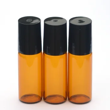 5db Amber 5ml Roll Üveg Illóolajok Roll-on Újratölthető Parfüm Üveg Dezodor Konténerek fekete fedél