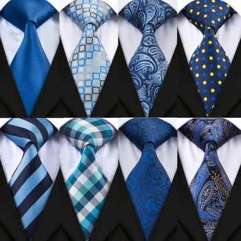 DiBanGu 20 Stílusok Kék Férfi Nyakkendő Szett Hanky Mandzsettagomb 100% Selyem Nyak Köti A Férfi Esküvői Buli Üzleti Nyakkendő, zsebkendő
