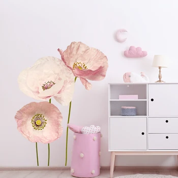 Rózsaszín Poppy Szellőrózsa Virágok Fali Matrica Akvarell Lányok Óvoda Cserélhető Fali Matricák Gyerekeknek Szoba Modern belsőépítészet lakberendezés