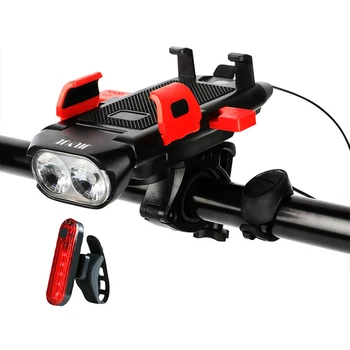 Kerékpár Első Lámpa 4 Az 1-ben USB Feltölthető Telefon tulajdonosa Kerékpár Horn Kerékpáros Lámpa MTB Power Bank T6 Fényszóró Kerékpár Kiegészítők